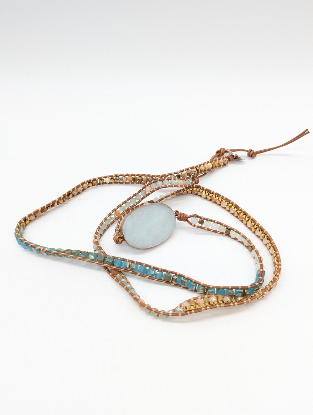 Plumiss Brown Leather Blue Peach Gold Natural Stone Boho Wrap Bracelet